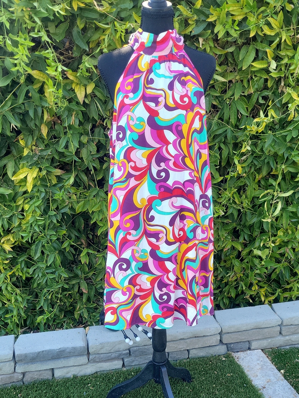 Emily Wonder Multicolor 60s /70s Vibe Swirl Halter Dress M
